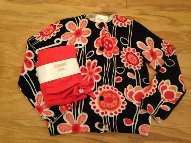 NWT Gymboree Purrfectly Fabulous Floral Black Cardigan Sweater Coral Leggings 4