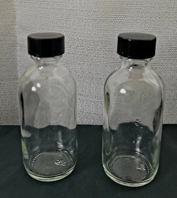 Vintage Set Of 2 Clear Glass MedicineRx Bottles with Black ScrewCap 3.75" Tall