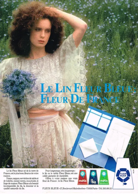 PUBLICITE ADVERTISING 055 1983  FLEUR BLEUE  draps nappes linge de maison