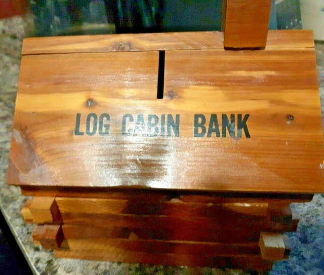 VINTAGE LOG CABIN Coin Bank Chimney Stopper Cedar Wood 24.99 PicClick