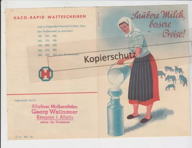 altes Werbeblatt HACO-RAPID Wattescheiben Milch Molkerei Bauernhof 1952 Filter