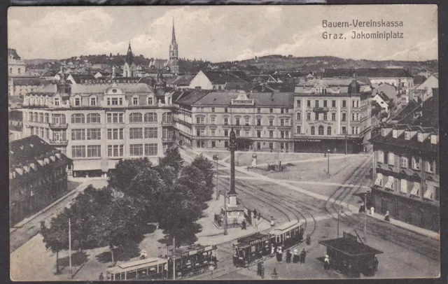 22646 Graz Jakominiplatz mit Straßenbahn & Bauern-Vereinskassa 1917