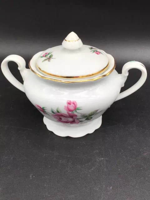 Vintage Fine Bohemian China Sugar Bowl with Lid Czechoslovakia Pink Rose Pattern 3