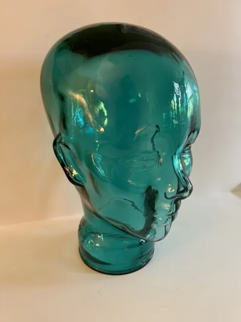 Blue Green Teal Art Glass Mannequin Head Wig Holder 11.5” Tall