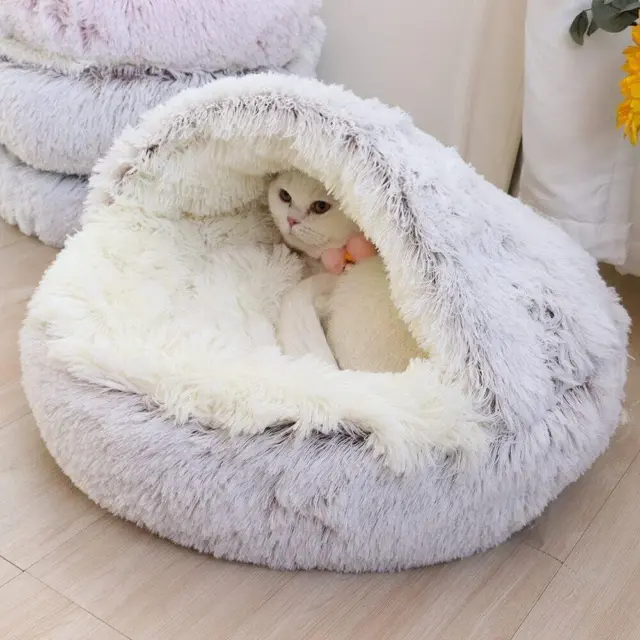 Cat Bed Cave Round Fluffy Hooded Pupy Bed Donut Self Warming Pet Dog Bed.