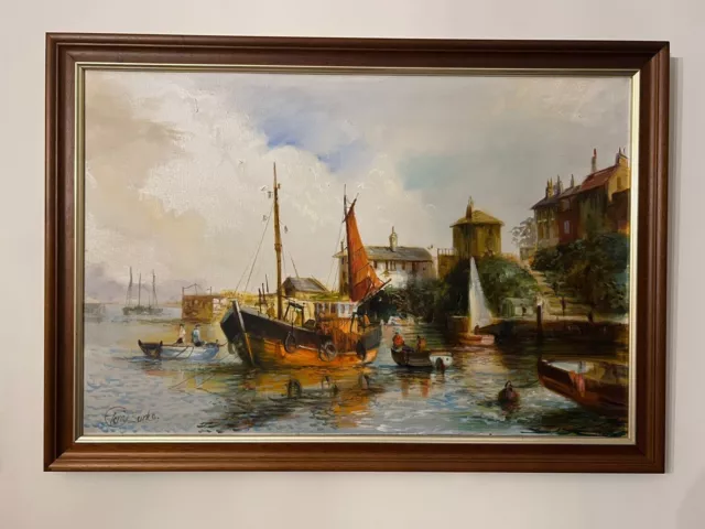 Terry Burke Original Oil Painting Of Brixham Harbour Devon 33” X 23”