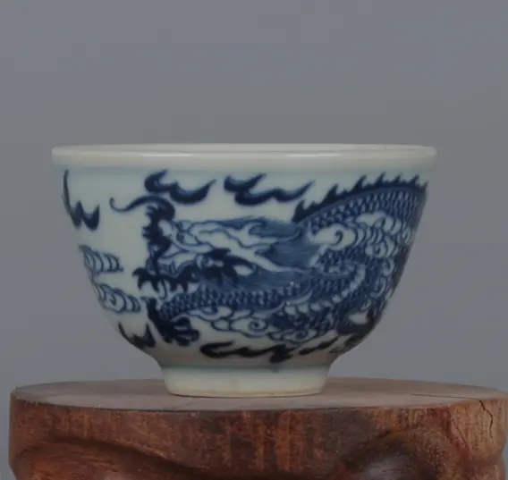 Blue white porcelain Old China cup Handmade Collection dragon 2.71inch
