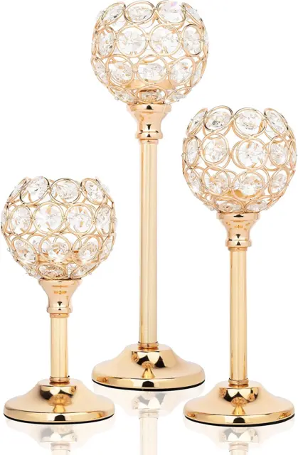 Set of 3 Gold Candle Holders, Luxury Crystal Candlestick Holders for Wedding Ta
