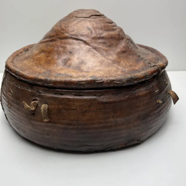 Vintage Ethiopian Handmade Leather Covered Basket & Lid