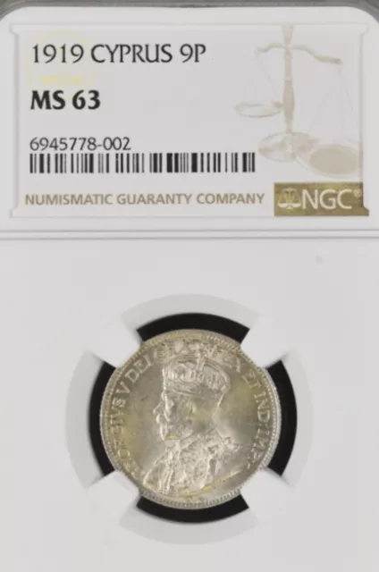 Cyprus George V.  9 Piastres 1919 NGC MS63