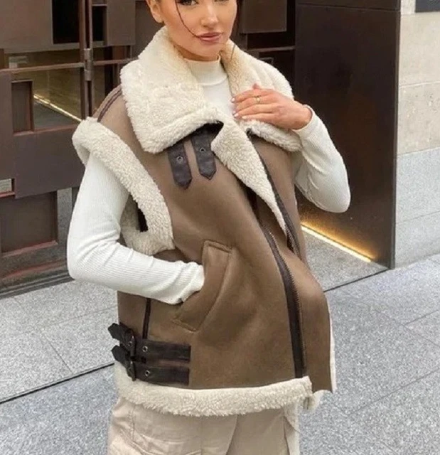 VESTE DE MOTARD Zara Noir Faux Cuir Shearling Double Face Manteau