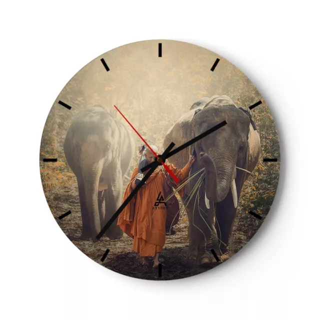 Horloge murale en verre 40x40cm Silencieuse éléphant moine jungle Wall Clock