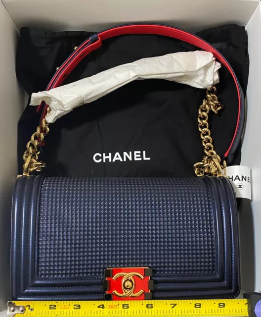 Chanel Boy Cube, New with Tag & Box.  Navy with Gold Hardware and Red Accents