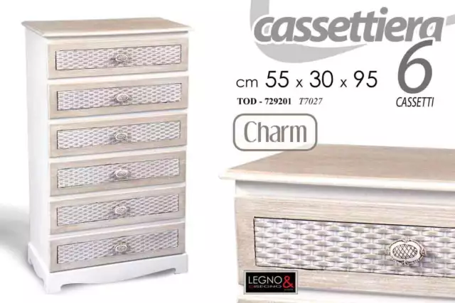 Cassettiera 6 Cassetti Settimino Shabby Chic Legno Bianco Beige 55*30*H95 Cm