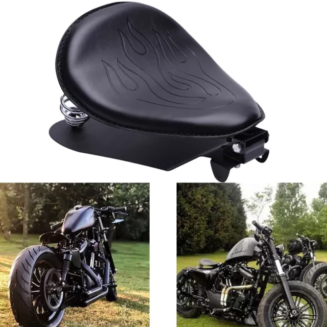 Black Motorcycle Leather Solo Driver's Seat Fire Style For Harley Chopper Bobber