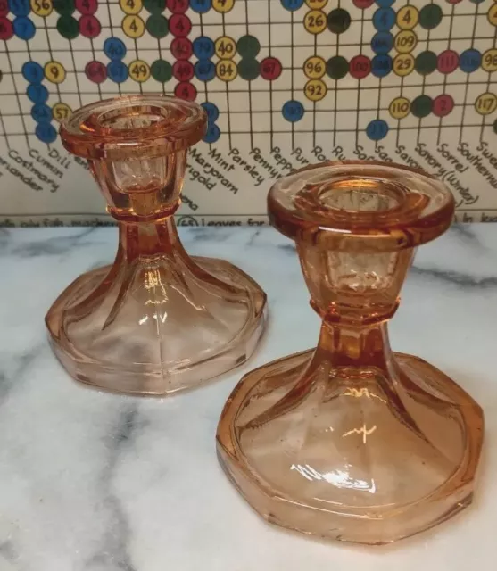 Pair Of 1930s Art Deco Amber Glass Candlesticks Candle Holders Hexagonal