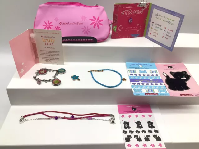 American Girl Lot Truly Me Perfume .05 Coconut SAIGE Turquoise Necklace Stickers