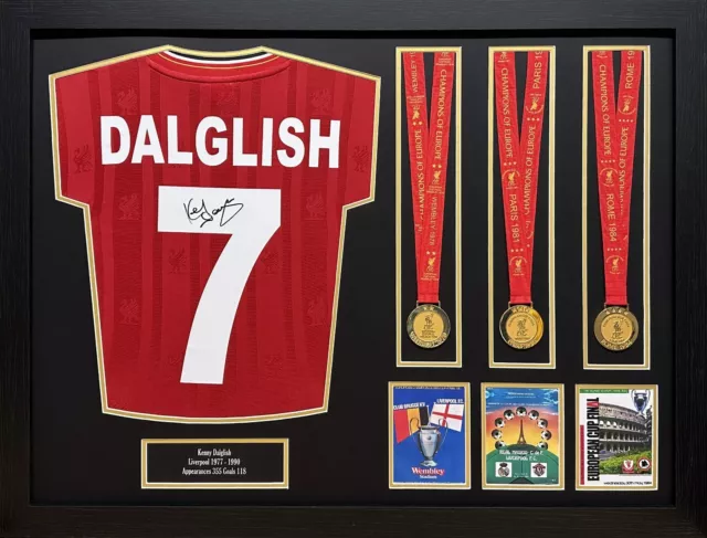 Framed Kenny Dalglish Signed Liverpool Shirt & European Cup Medals Display