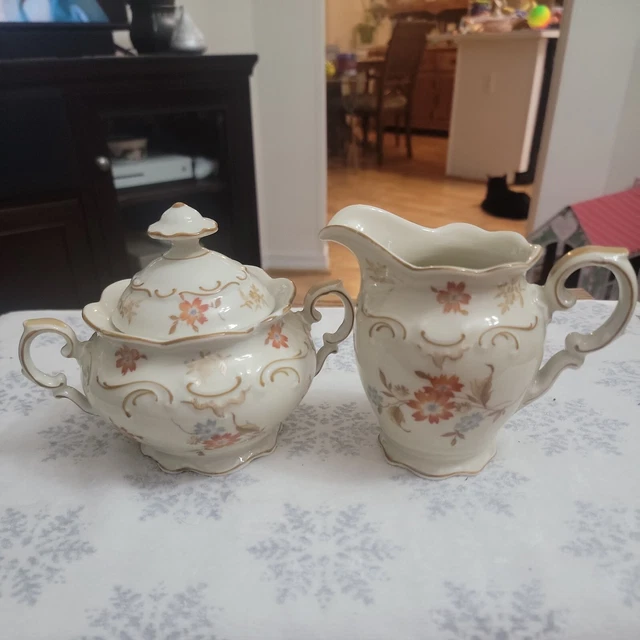 Vintage Rare Shumann Bavaria Hand Painted Sugar Bowl W/ Lid And Creamer