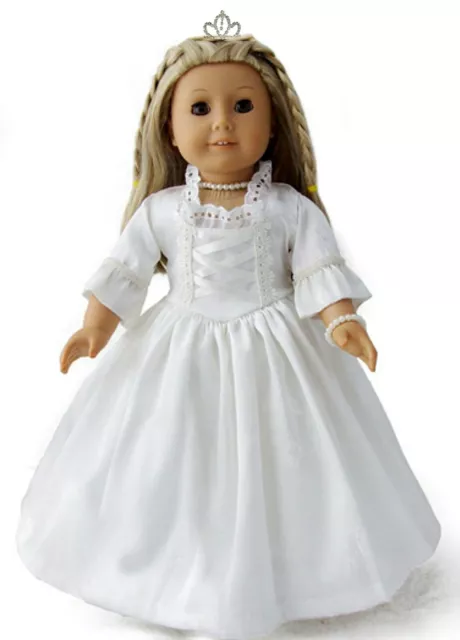 White Jacquard Wedding Dress w/ Tiara & Necklace for 18" American Girl Size Doll