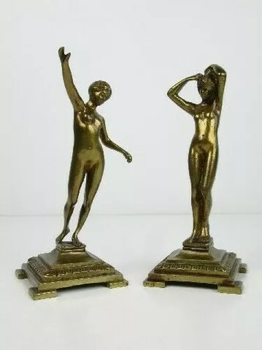 2 Vintage Statuen Fusionen Messing Abbildung Mädchen Tanzen Old-Time Xx Sec