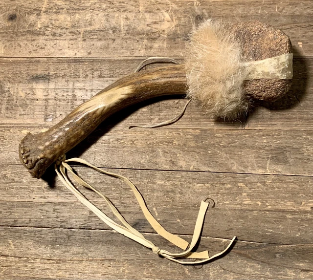Vintage Native American Indian Stone Head War Club Antler Handle