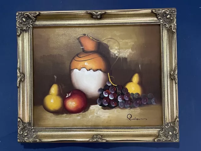 Vintage Original Oil On Canvas Painting Signed Simon In gold Frame Still Life