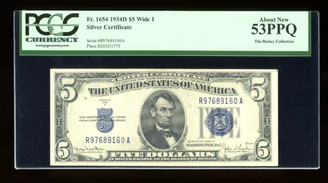 DBR 1934-D $5 Silver Fr. 1654Wi Wide I RA Block PCGS 53 PPQ Serial R97689160A