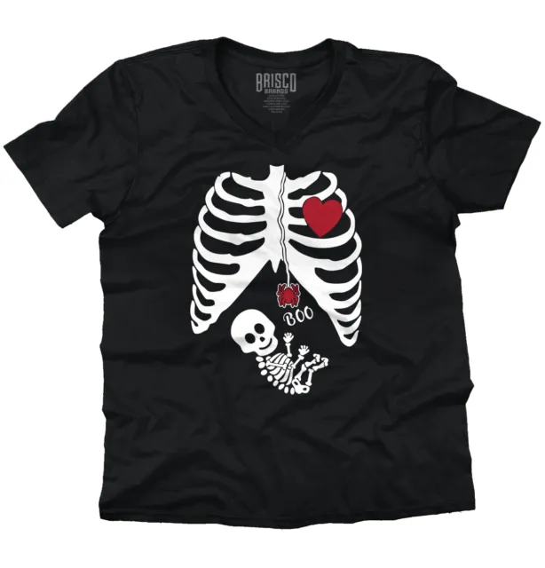 Funny Pregnant Halloween Cute Skeleton Baby Women V Neck Short Sleeve T Shirts