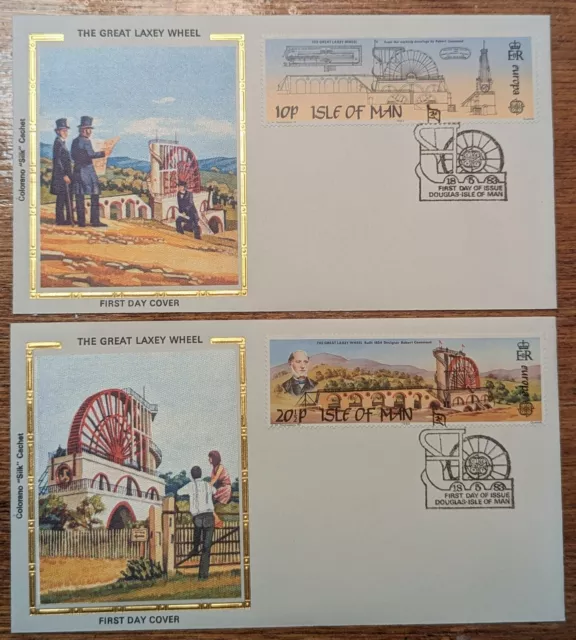 Isle of Man 1983 #244-245 The Great Laxey Wheel Colorano Silk Cachet FDC's