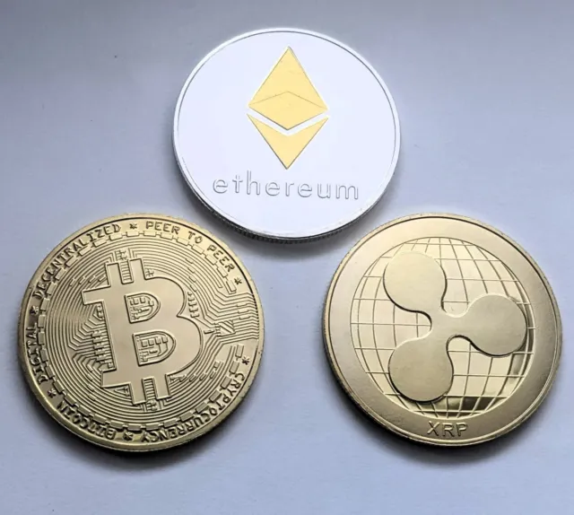 ETHEREUM XRP BITCOIN  40mm Souvenir CRYPTO Gold Silver Collector Coin - UK