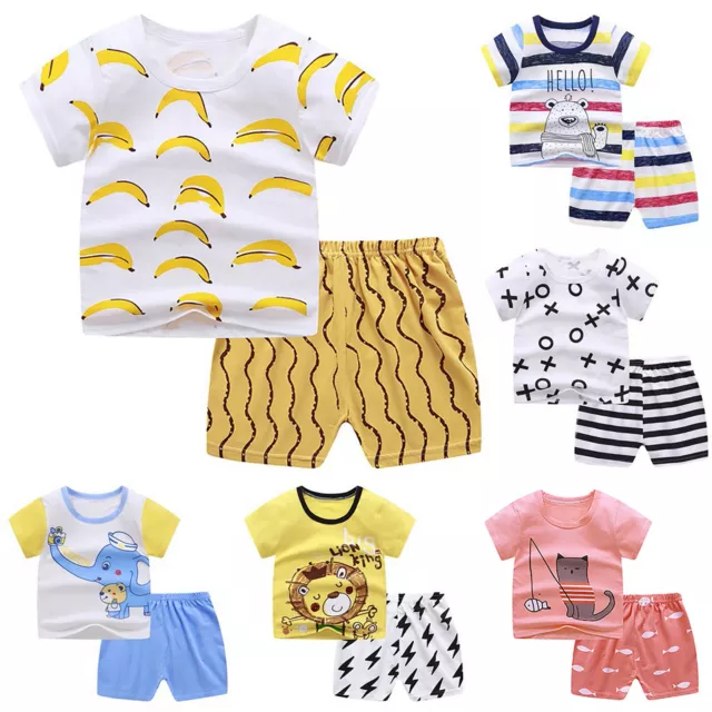 Toddler Baby Kids Boys Girls Short Sleeve Cartoon Tops Shirt+Pants Outfits Set