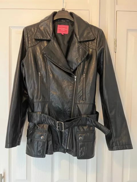 Portobello Punk Black Faux Leather Full Zipped Biker Jacket + Belt Size 12 VGC