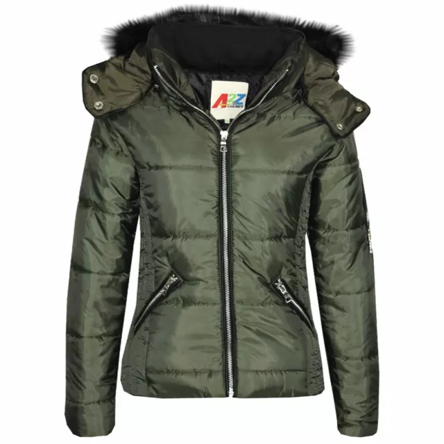 Kids Quilted Olive Puffer Coat Faux Fur Collar Hood Jacket For Girls