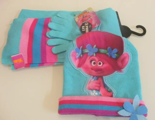 NWT Dreamworks Trolls Girls 3pc Teal Green & Pink Hat Gloves and Scarf Set Poppy