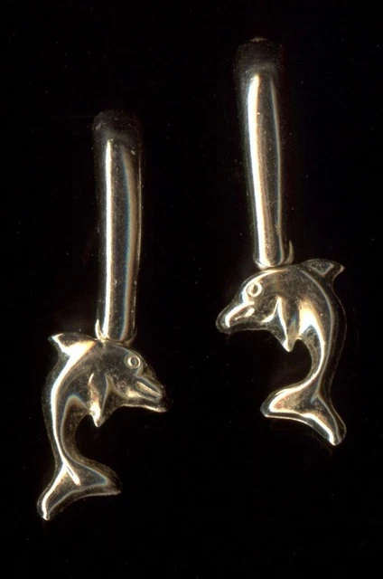 14K 25 mm Massiv Gelbgold Delfin Fisch Meer Meer Strand Ohrstecker xE