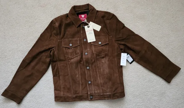 $378 NWT Guess Genuine Suede Leather Trucker Jacket 40th Aniv. Brown: Size LARGE