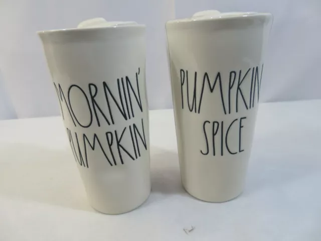 Rae Dunn Mornin Pumpkin Spice Ceramic Coffee Tumbler Travel Ivory Mug Lid