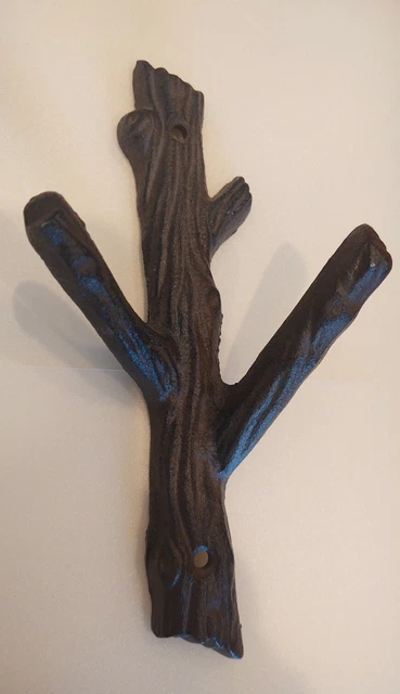 Tree Branch Double Wall Hook Cast Iron Towel Coat Hat Hanger Rustic Brown