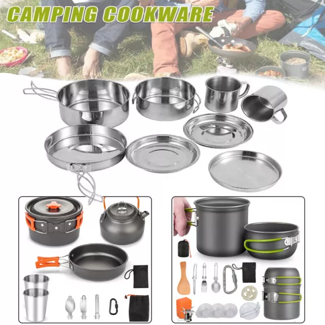 Camping Kochgeschirr Kochtopf Outdoor Töpfe Bratpfanne Kettle Satz für 2-3Person