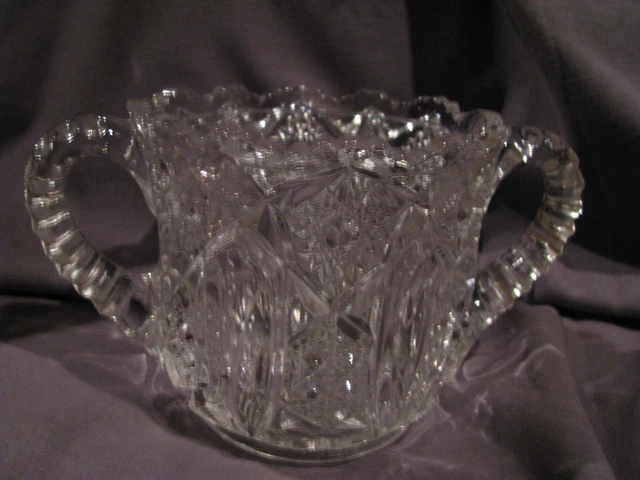 vntg Quintec crystal pressed cut sawtooth open top sugar bowl 2 handles 3-3/4"