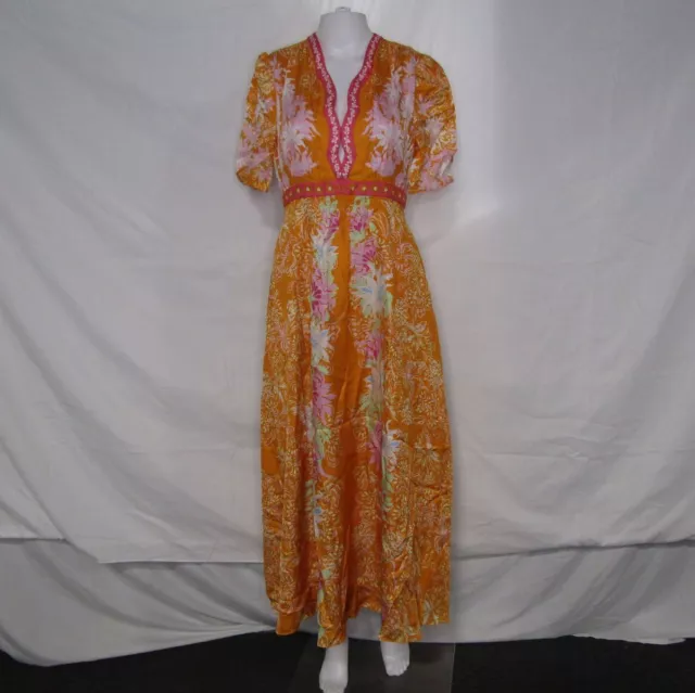 Saloni Women's US 4 Tabitha Floral Print Silk Maxi Dress Orange