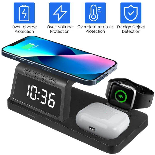 4in1 Fast Wireless Charger Station Dock Digital Clock For Watch iPhone