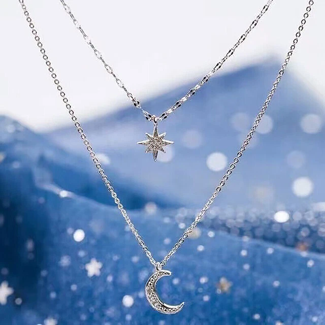 925 Silver Star and Moon Pendant Girls Choker Fashion Necklace Women's Jewelry