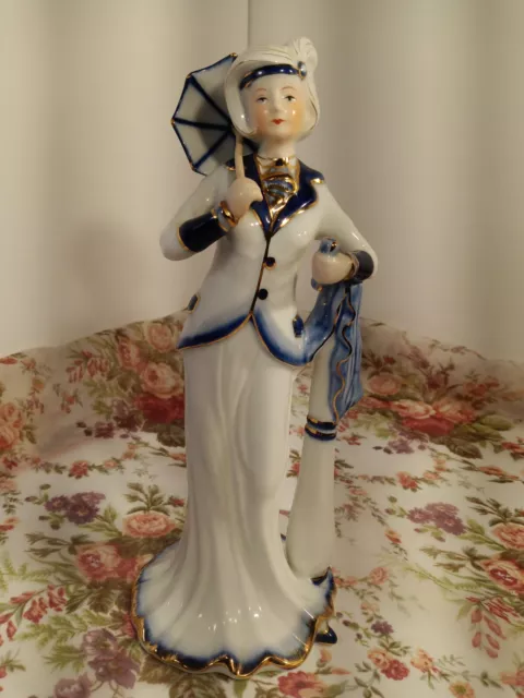 KPM Porcelain Women Figurine With Umbrella White And Blue With Gold Trim 12"