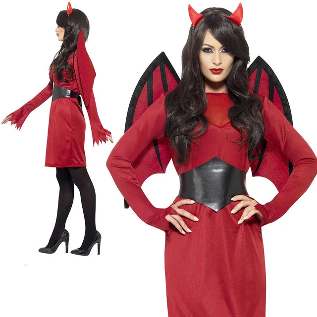Costume De Diable Femme Complet - Cape Réversible Rouge/noire, Haut Brillant, Jupe, Accessoires - Halloween, Cosplay