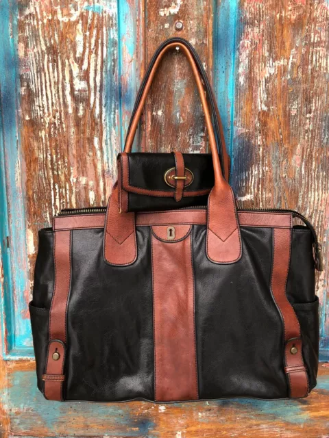 2 pc XL Fossil Vintage Reissue Brown Leather Weekender Tote Briefcase Laptop