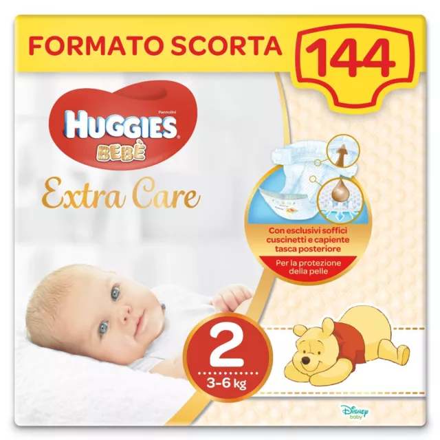 Huggies Pannolini Bebè Extra Care, Taglia 2 (3-6 kg), Confezione da 144 Pannolin