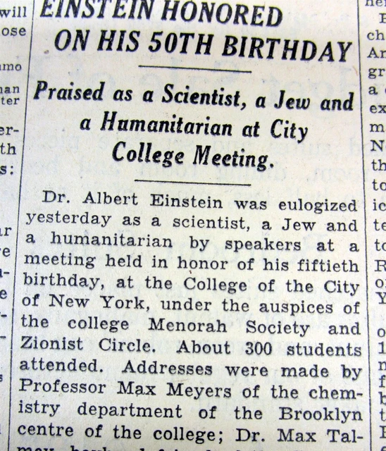 1929 NY TIMES newspaper ALBERT EINSTEIN HONORED as a JEW on his 50th