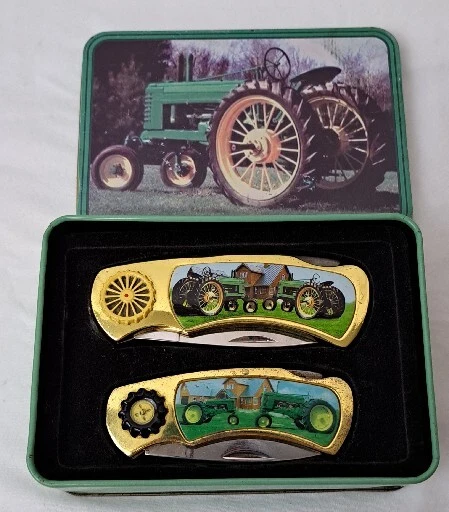 John deere pair of tractor collectors folding knives in tractor tin gold tone